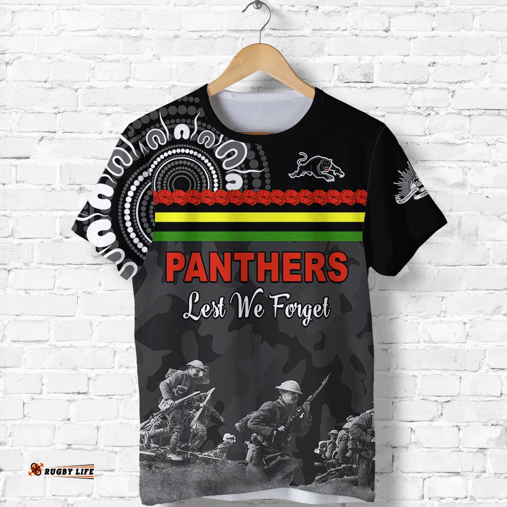 panthers anzac day t shirt aboriginal lest we forget ver02