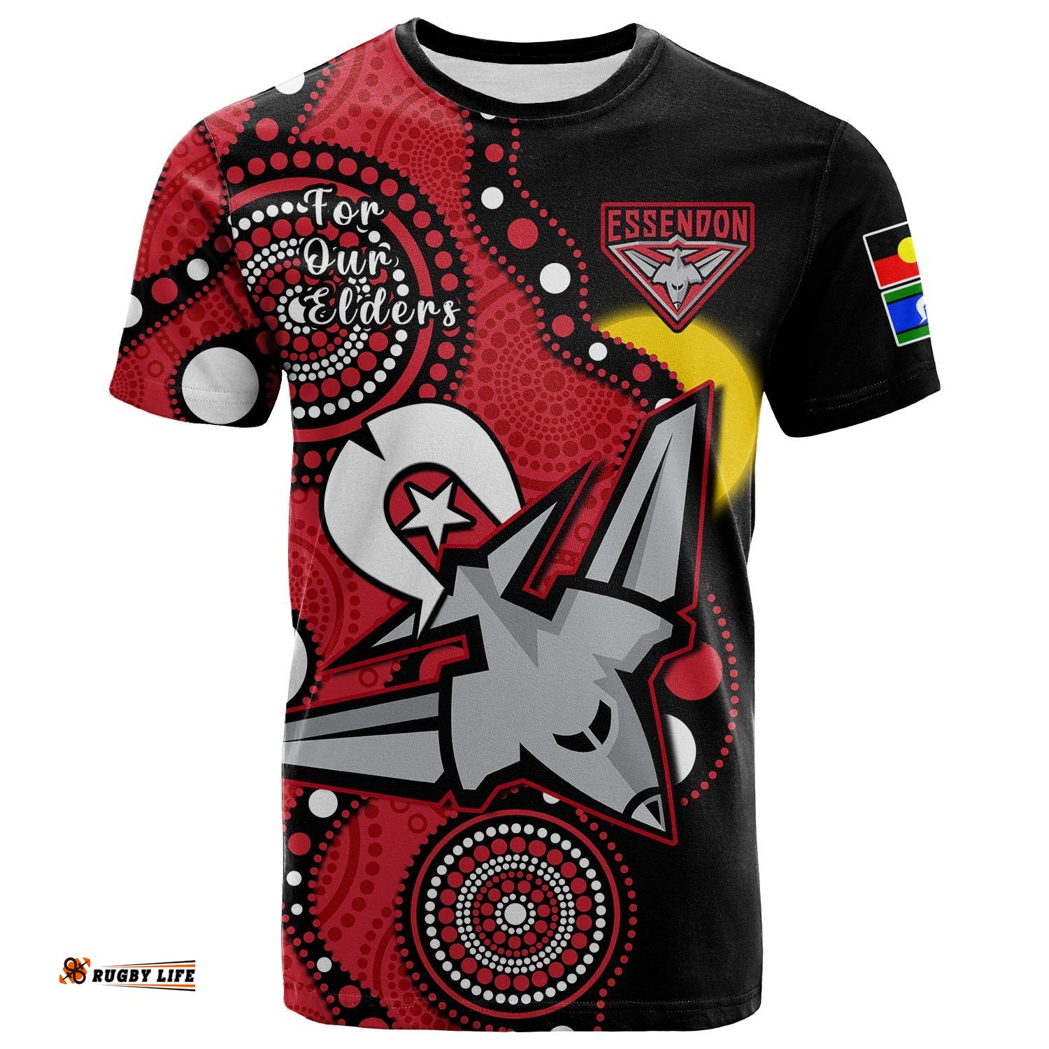 custom text and number essendon football naidoc 2023 t shirt bombers for our elders indigenous art