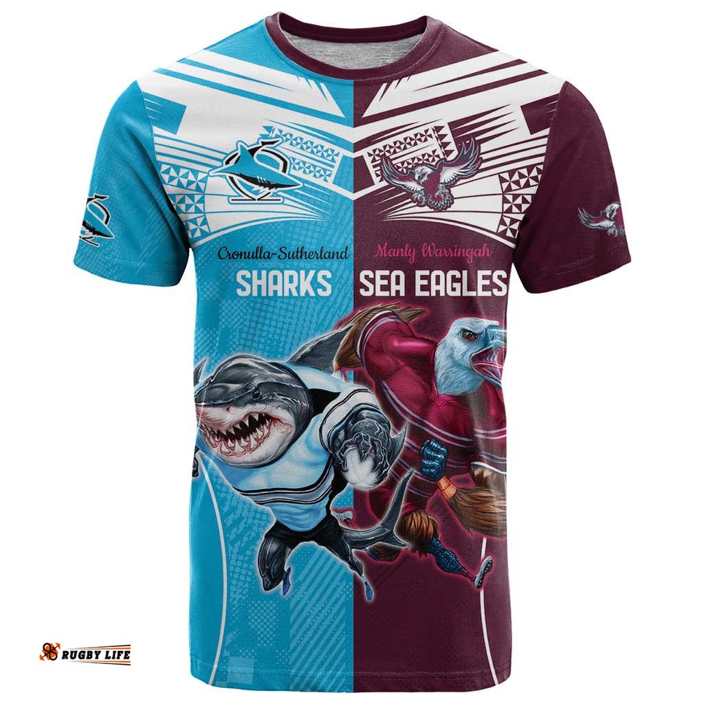 custom sea eagles and sharks rugby t shirt sporty style