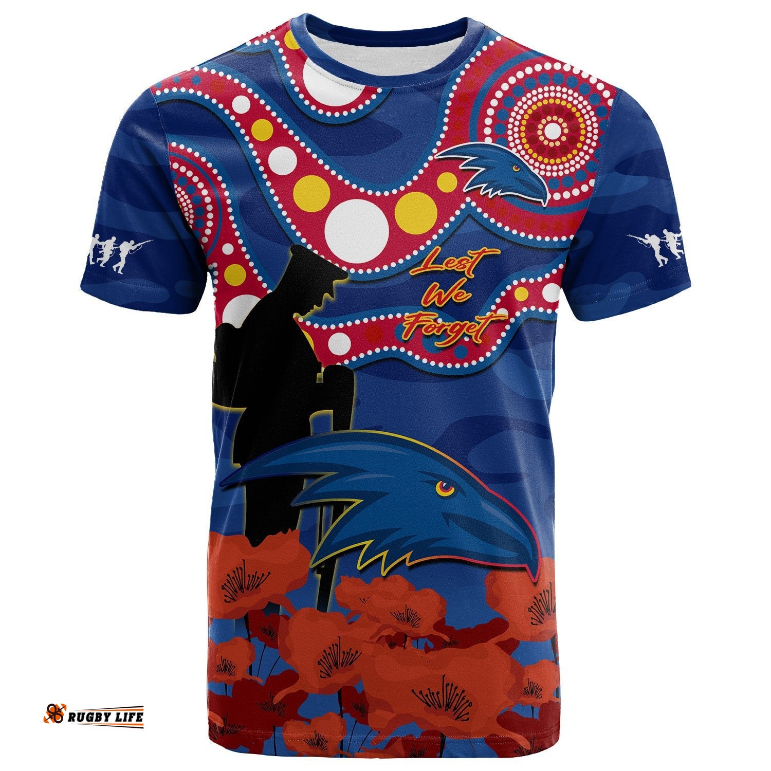 custom text and number adelaide football anzac 2023 t shirt crows aboriginal mix poppy camouflage
