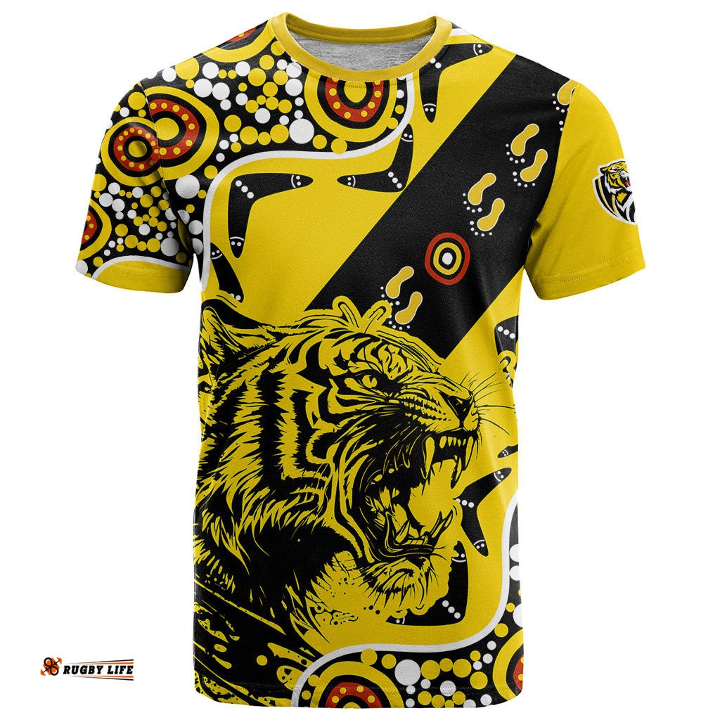 richmond tigers football t shirt angry tiger roaring aboriginal boomerang and dots art