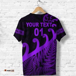 custom personalised new zealand rugby maori t shirt silver fern koru vibes purple