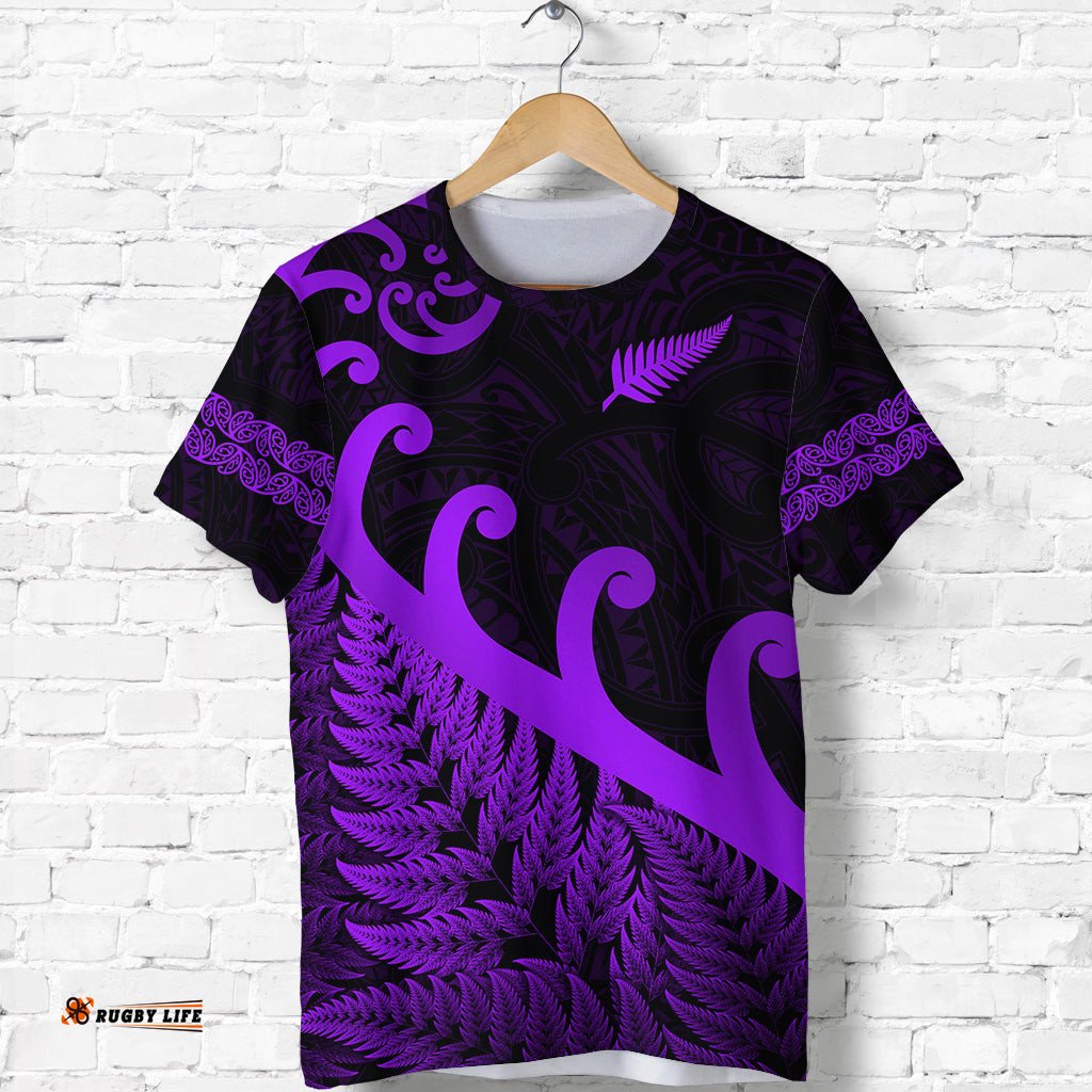 custom personalised new zealand rugby maori t shirt silver fern koru vibes purple