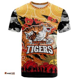 tigers rugby t shirt custom anzac wests tigers aboriginal with poppy flower t shirt 0