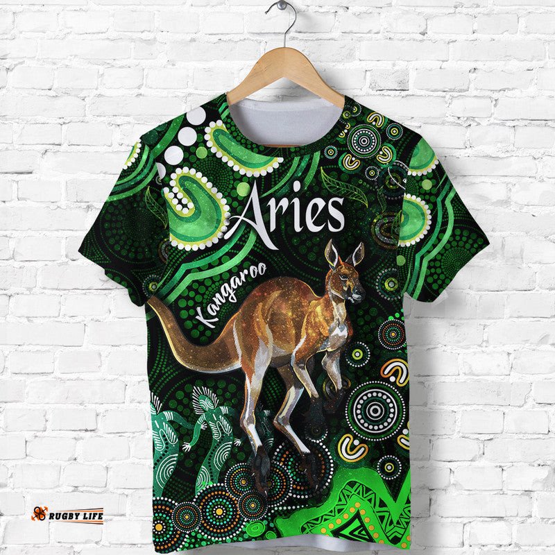 australian astrology t shirt aries kangaroo zodiac aboriginal vibes green