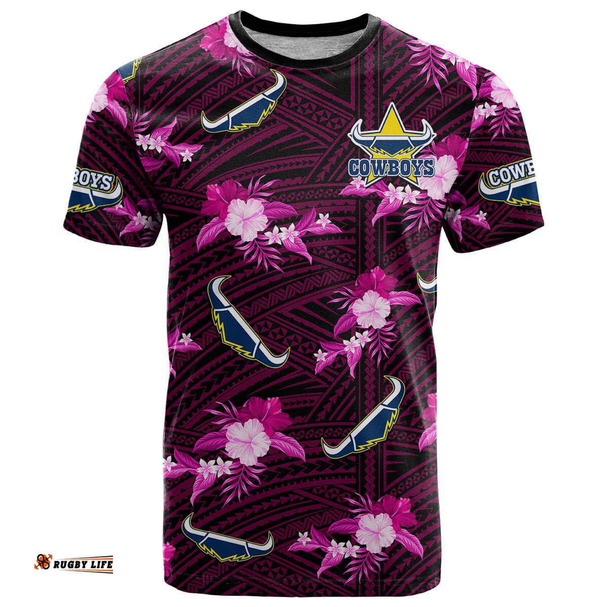 custom text and number cowboys rugby t shirt polynesian tribal mix tropical hawaiian pink style
