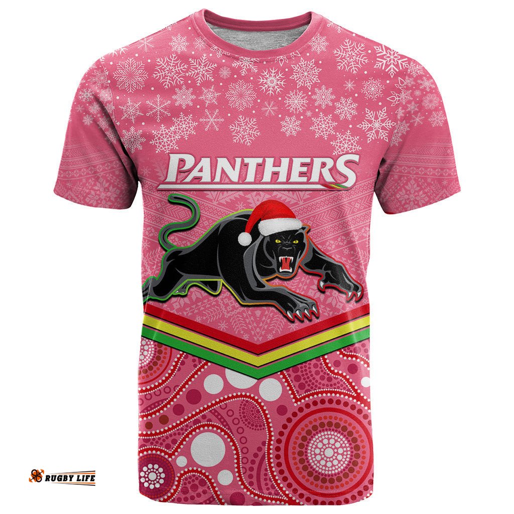 custom panthers rugby christmas t shirt merry xmas 2023 mix aboriginal art pink version