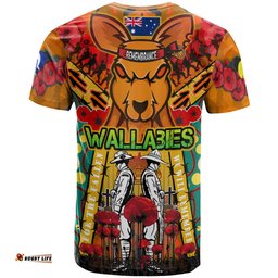 wallabies rugby anzac day custom watercolour t shirt remembrance lest we forget with poppy flower 0