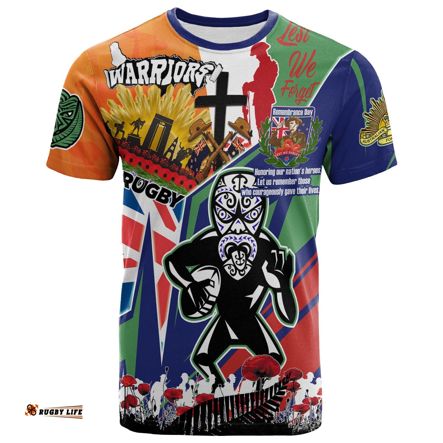warriors rugby t shirt custom remembrance warriors anzac quote with poppy and rosemary t shirt