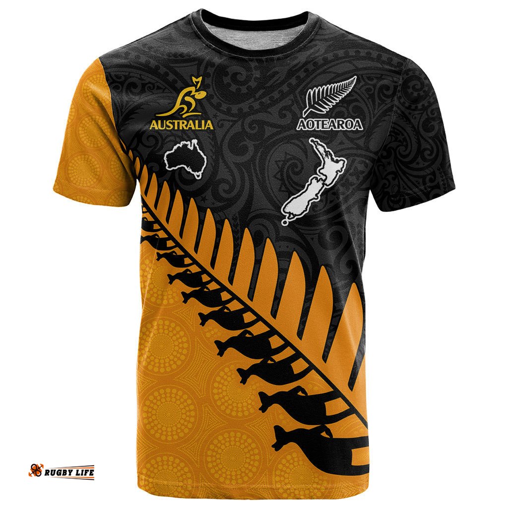 custom australia wallabies and aotearoa rugby t shirt kangaroo black fern maori gold vibe
