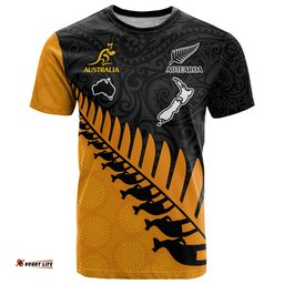 custom australia wallabies and aotearoa rugby t shirt kangaroo black fern maori gold vibe