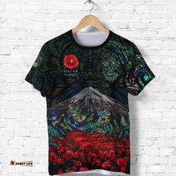 warriors rugby t shirt new zealand mount taranaki with poppy flowers anzac vibes paua shell
