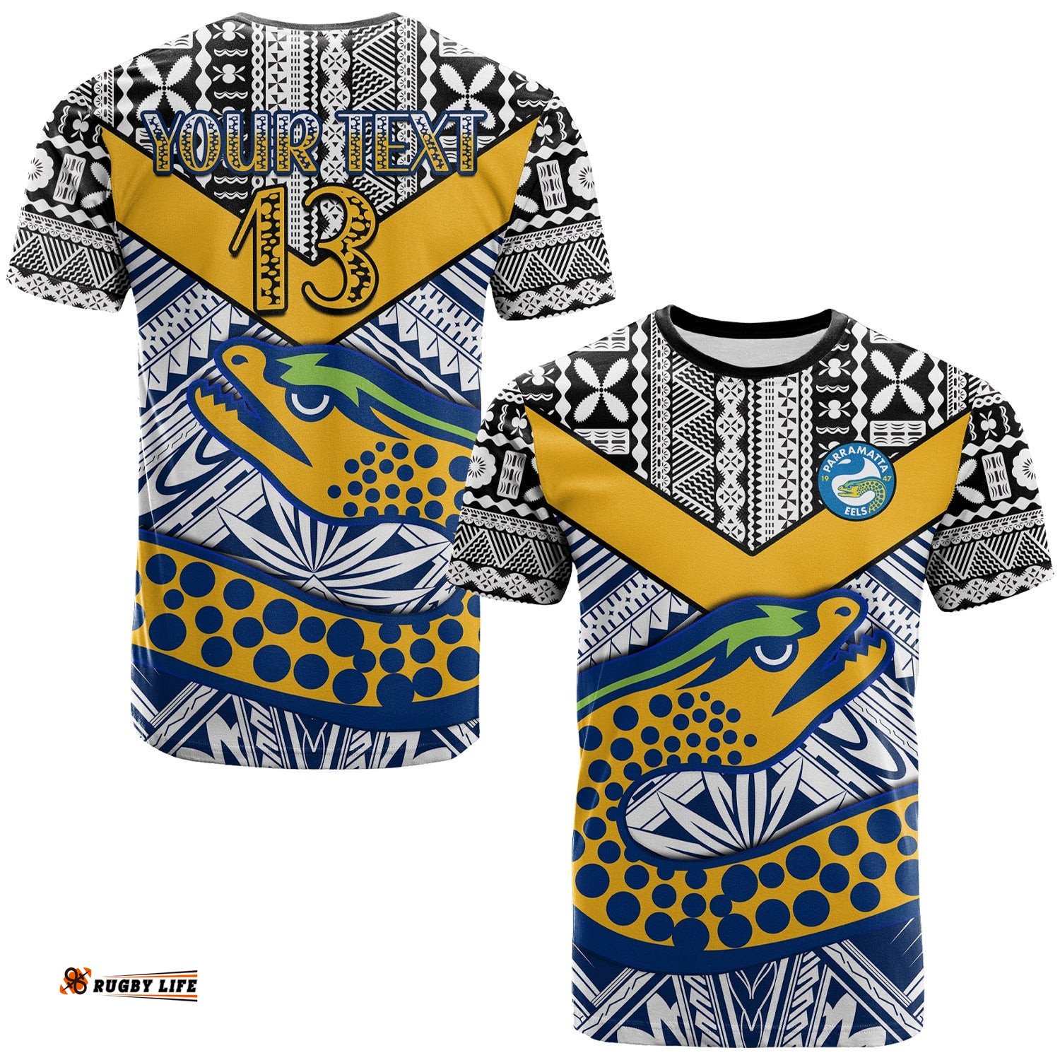 custom text and number eels rugby t shirt polynesian tapa pattern premiers