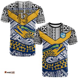 custom text and number eels rugby t shirt polynesian tapa pattern premiers