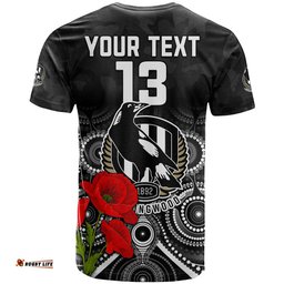 custom text and number magpies football anzac day t shirt aboriginal poppy flowers