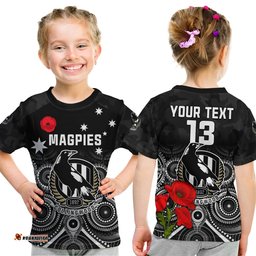 custom text and number magpies football anzac day t shirt aboriginal poppy flowers