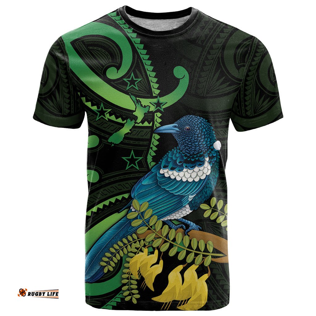 new zealand tui bird t shirt aotearoa maori with kowhai flowers