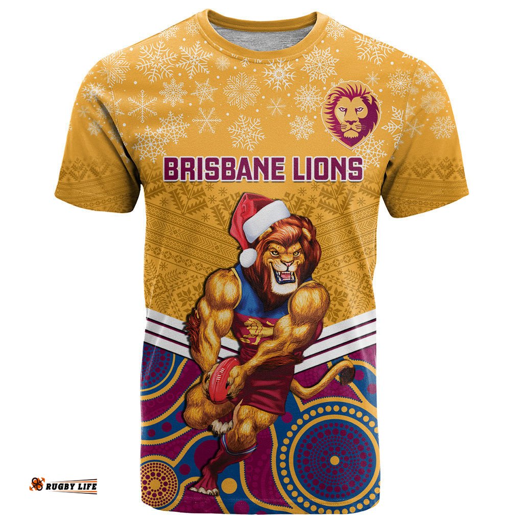 custom brisbane lions football christmas t shirt merry xmas 2023 mix aboriginal art