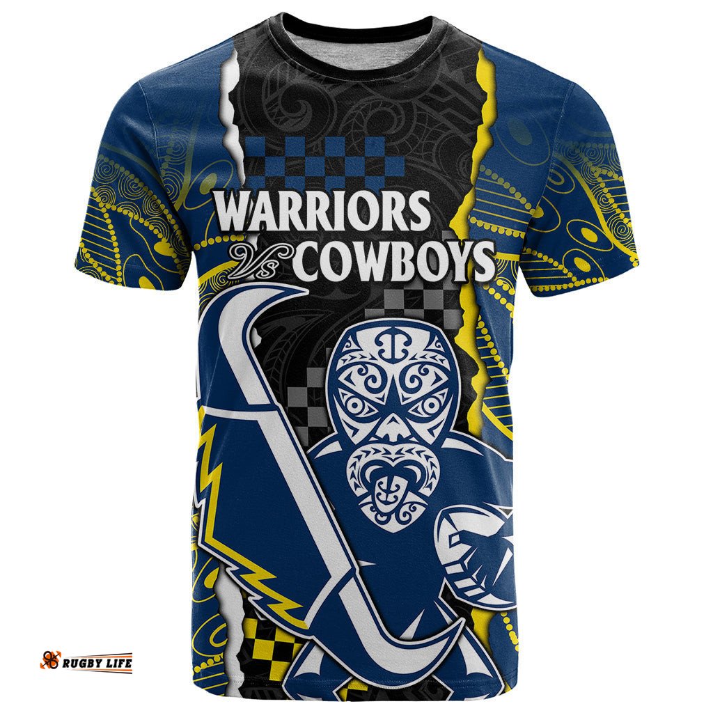custom text and number nrl combine warriors and cowboys t shirt maori mixed aboriginal
