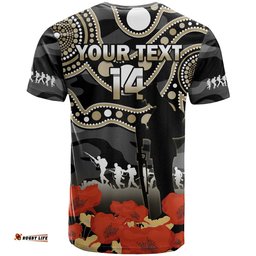 custom text and number collingwood football anzac 2023 t shirt aboriginal mix poppy camouflage