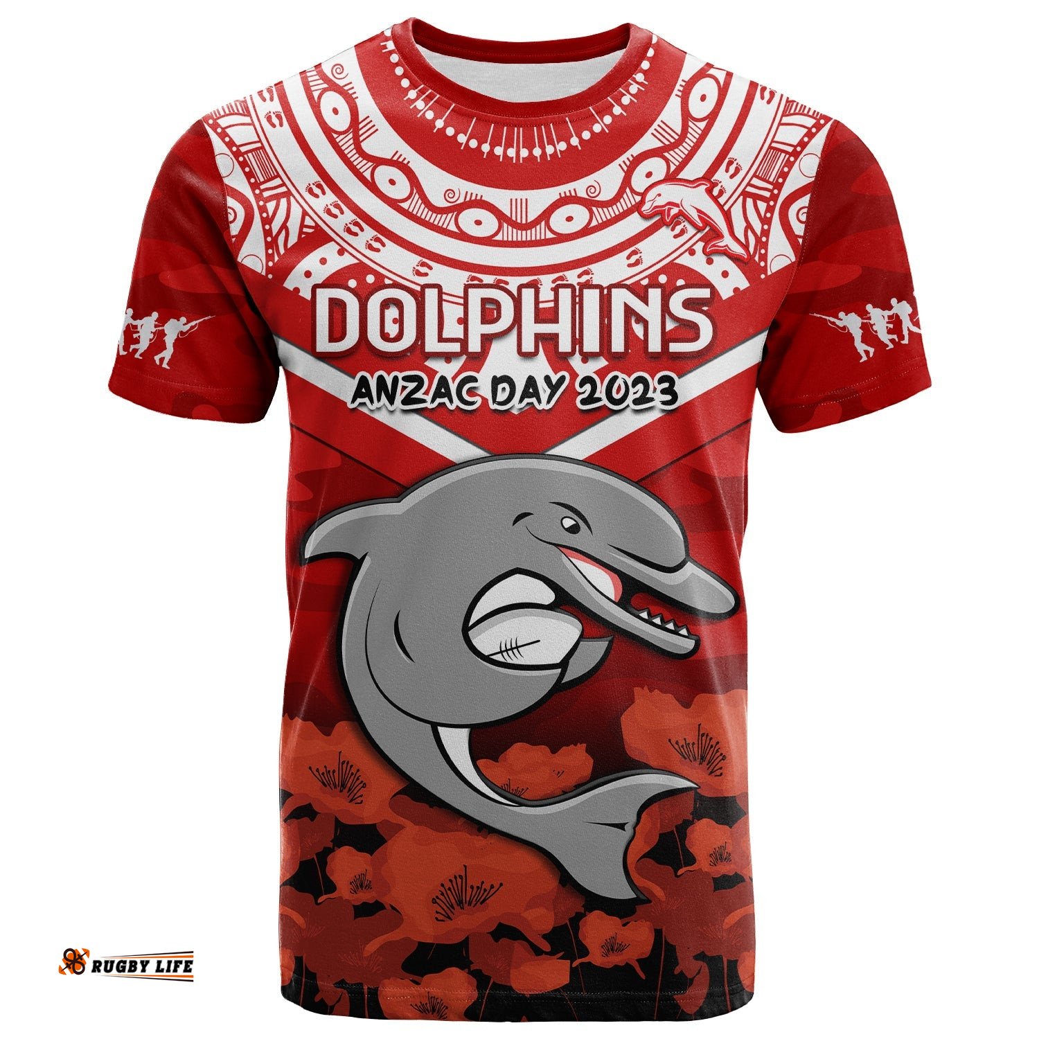 custom text and number dolphins rugby anzac 2023 t shirt dots poppy mix camouflage lest we forget