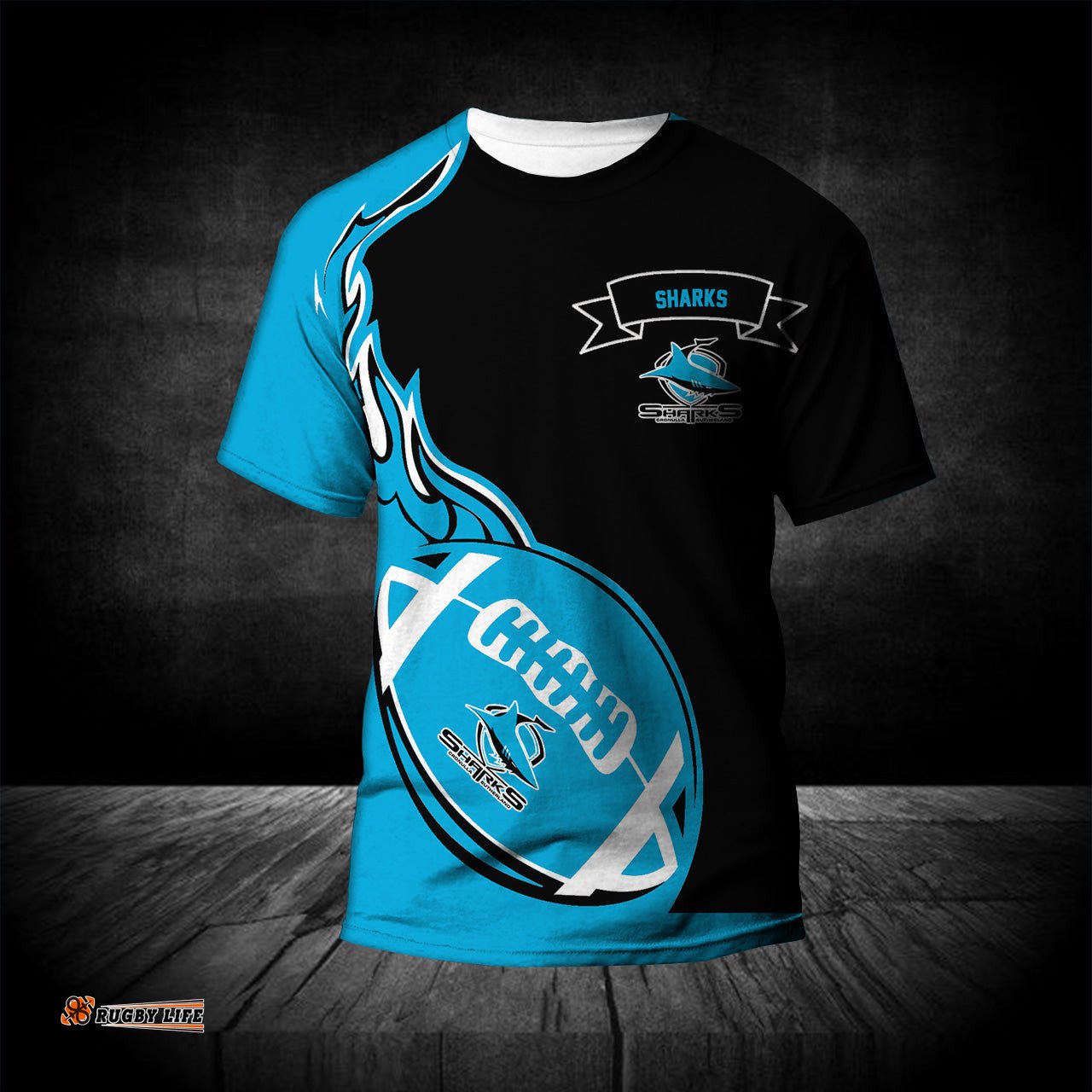 cronulla sutherland sharks t shirt flame ball nrl