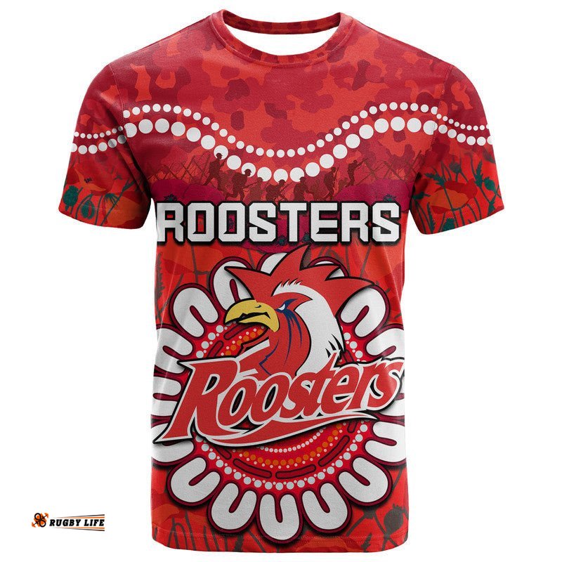 custom personalised roosters rugby anzac t shirt camouflage poppy
