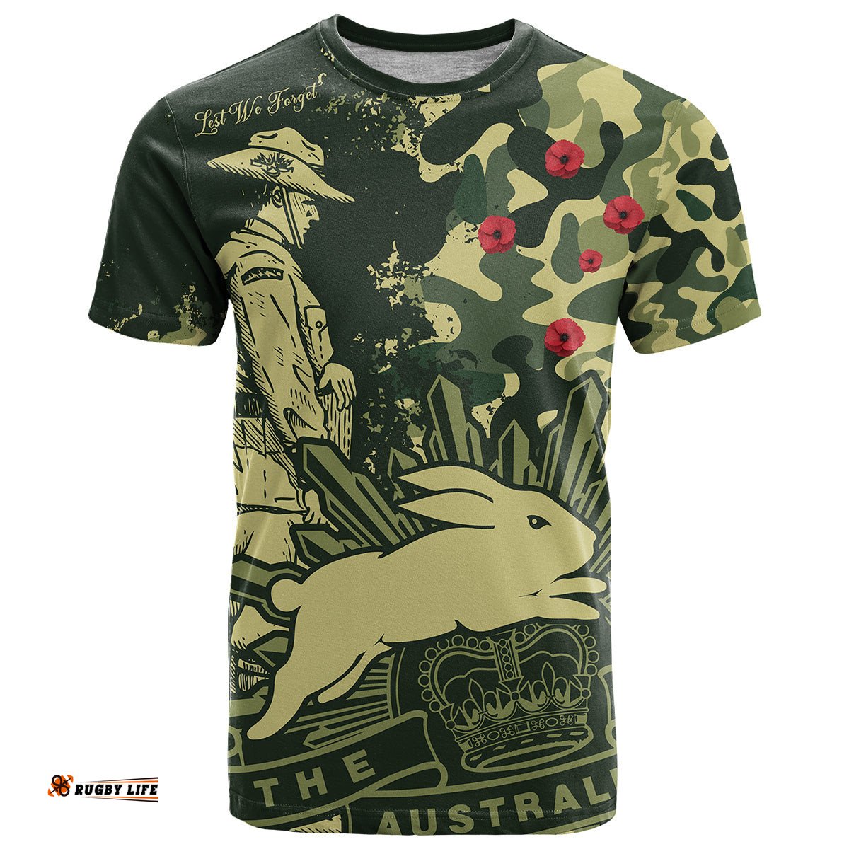 custom text and number nrl anzac 2023 rabbitohs t shirt camouflage