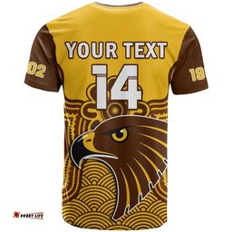 custom text and number hawthorn football t shirt go hawks 1902 aboriginal art