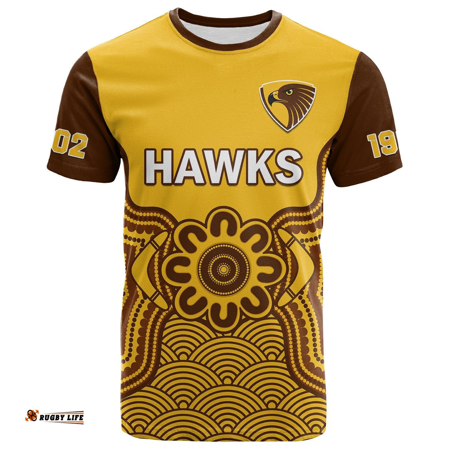 custom text and number hawthorn football t shirt go hawks 1902 aboriginal art