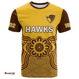 custom text and number hawthorn football t shirt go hawks 1902 aboriginal art