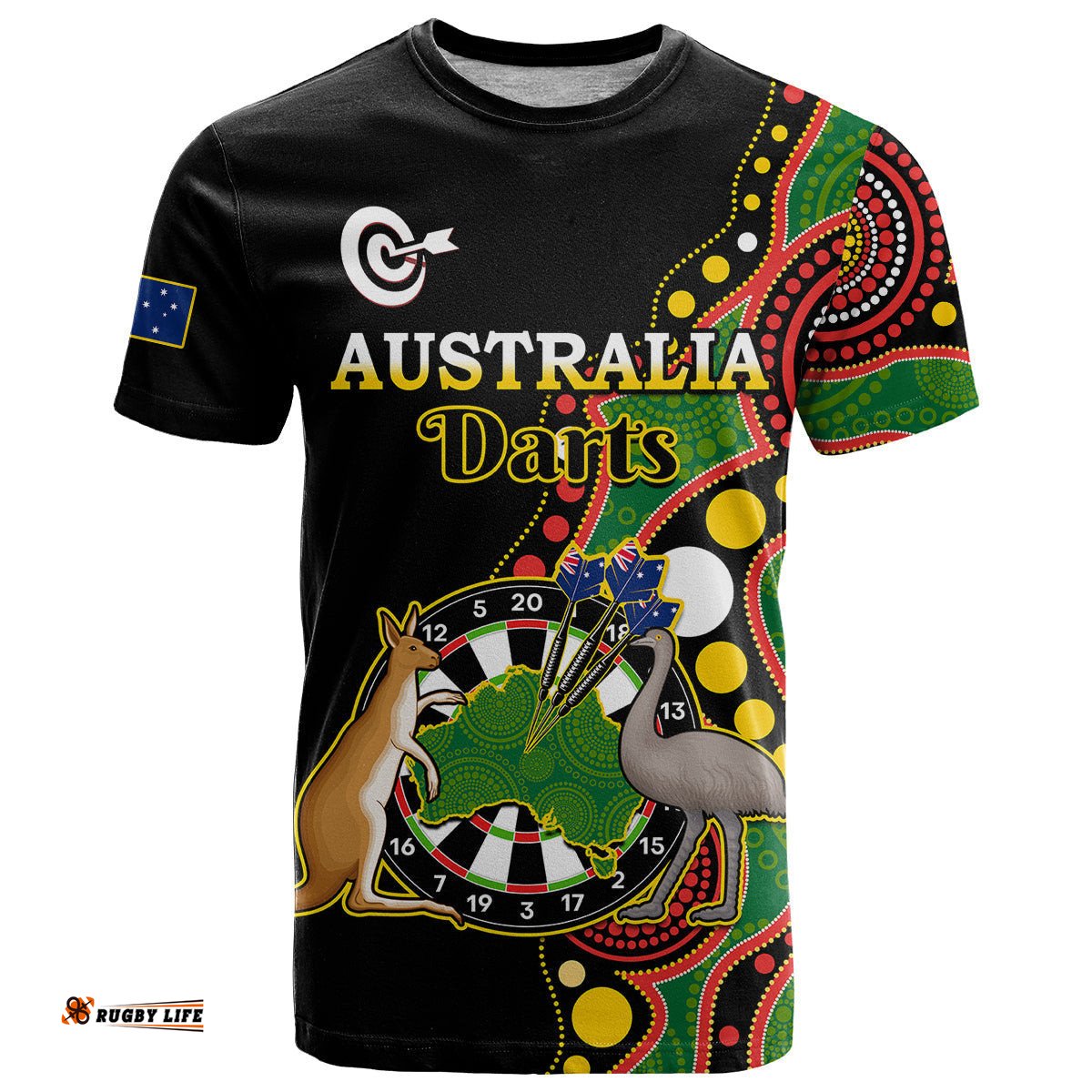 australia darts indigenous art mix kangaroo and emu t shirt