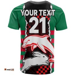 custom text and number nrl combine rabbitohs and dolphins t shirt