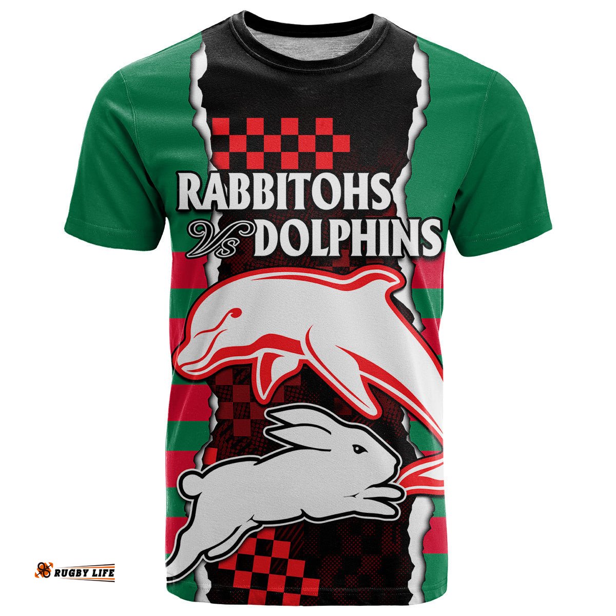 custom text and number nrl combine rabbitohs and dolphins t shirt