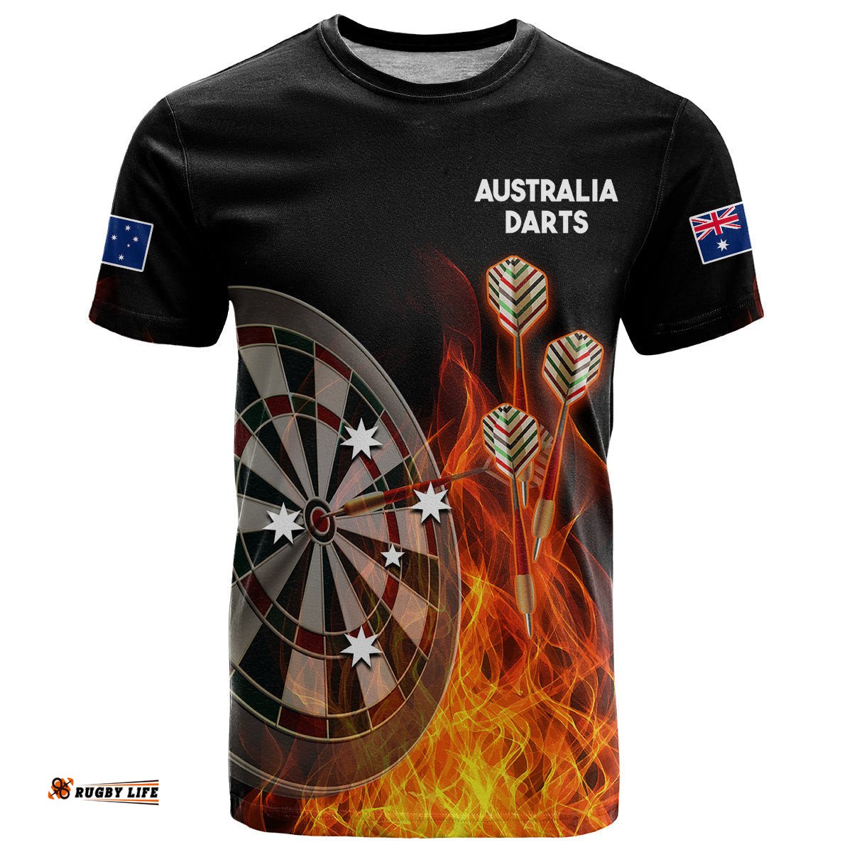 australia darts fire burning black style t shirt