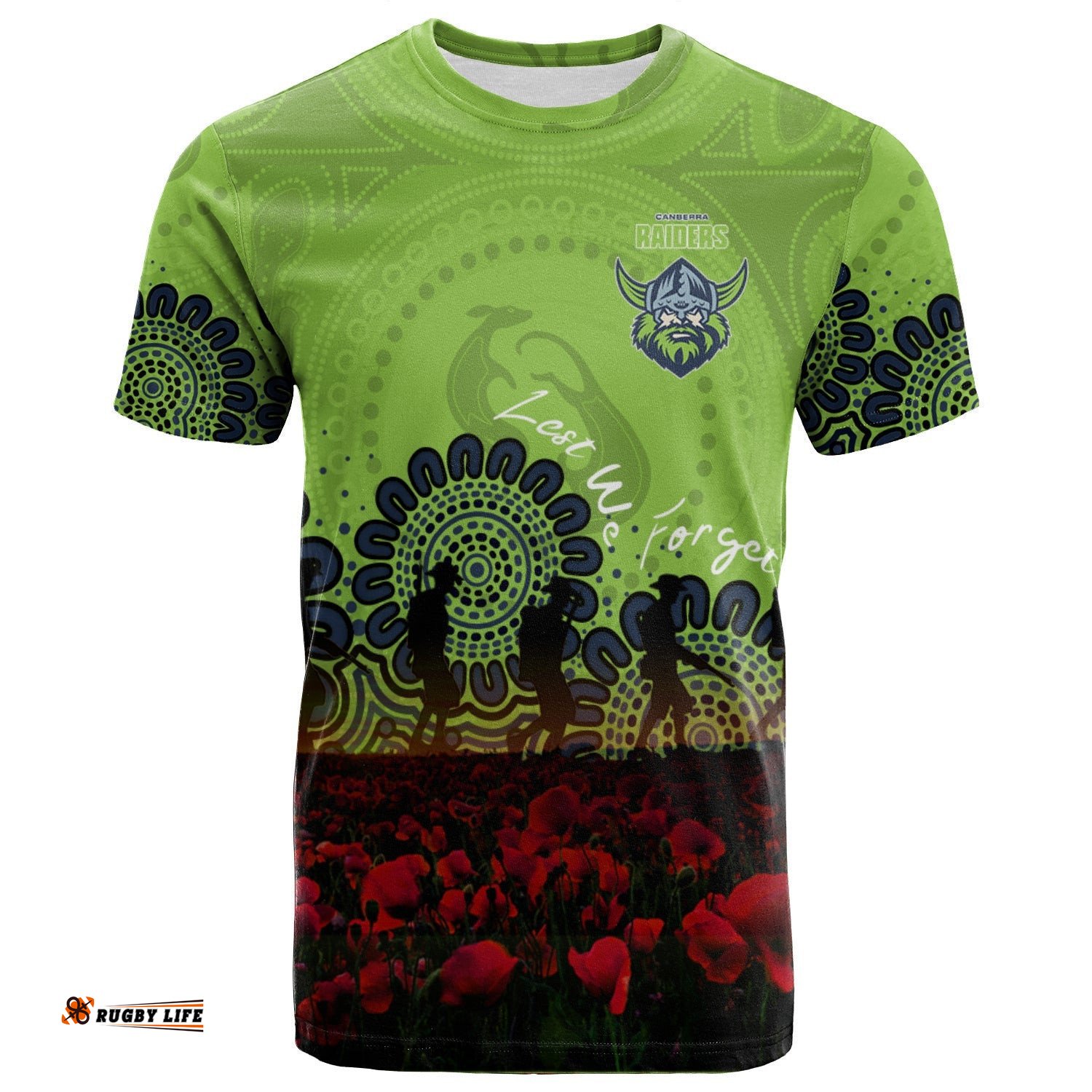 canberra raiders t shirt personalized aboriginal rugby anzac day poppy with soldiers nrl