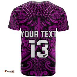 custom text and number new zealand silver fern rugby t shirt all black purple nz maori pattern