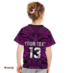 custom text and number new zealand silver fern rugby t shirt all black purple nz maori pattern