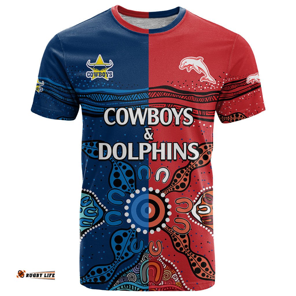 nrl half dolphins and half cowboys rugby t shirt aboriginal 2023