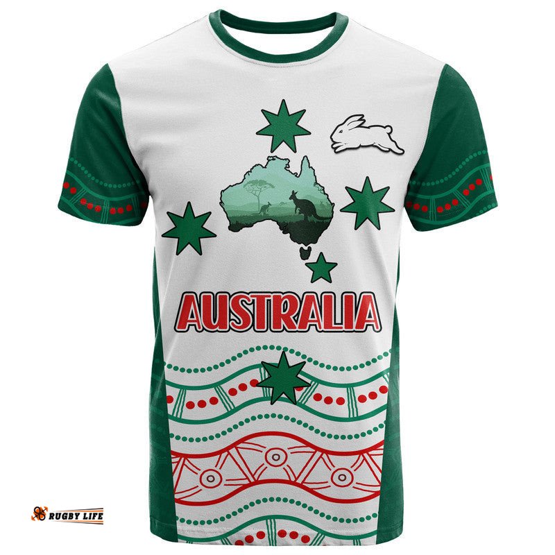 custom personalised rabbitohs australia day t shirt flag map and aboriginal wave