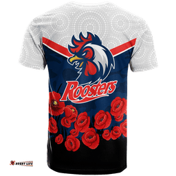 roosters anzac day t shirt indigenous art