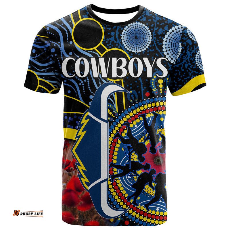 cowboys rugby anzac t shirt aboriginal military and poppy flowers