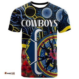 cowboys rugby anzac t shirt aboriginal military and poppy flowers