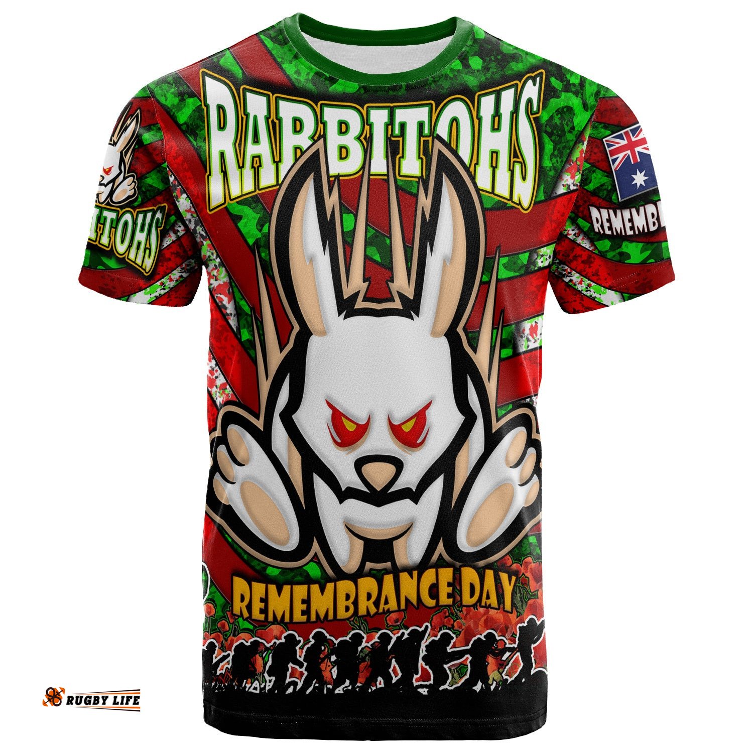 rabbitohs rugby t shirt custom raider lest we forget and poppies t shirt