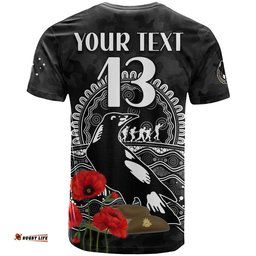 custom text and number magpies football anzac day t shirt speical poppy mix aboriginal