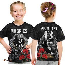 custom text and number magpies football anzac day t shirt speical poppy mix aboriginal