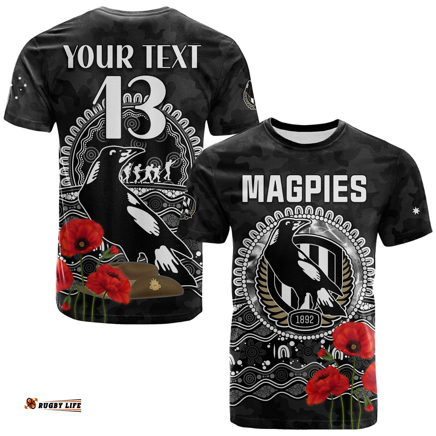 custom text and number magpies football anzac day t shirt speical poppy mix aboriginal