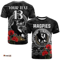 custom text and number magpies football anzac day t shirt speical poppy mix aboriginal