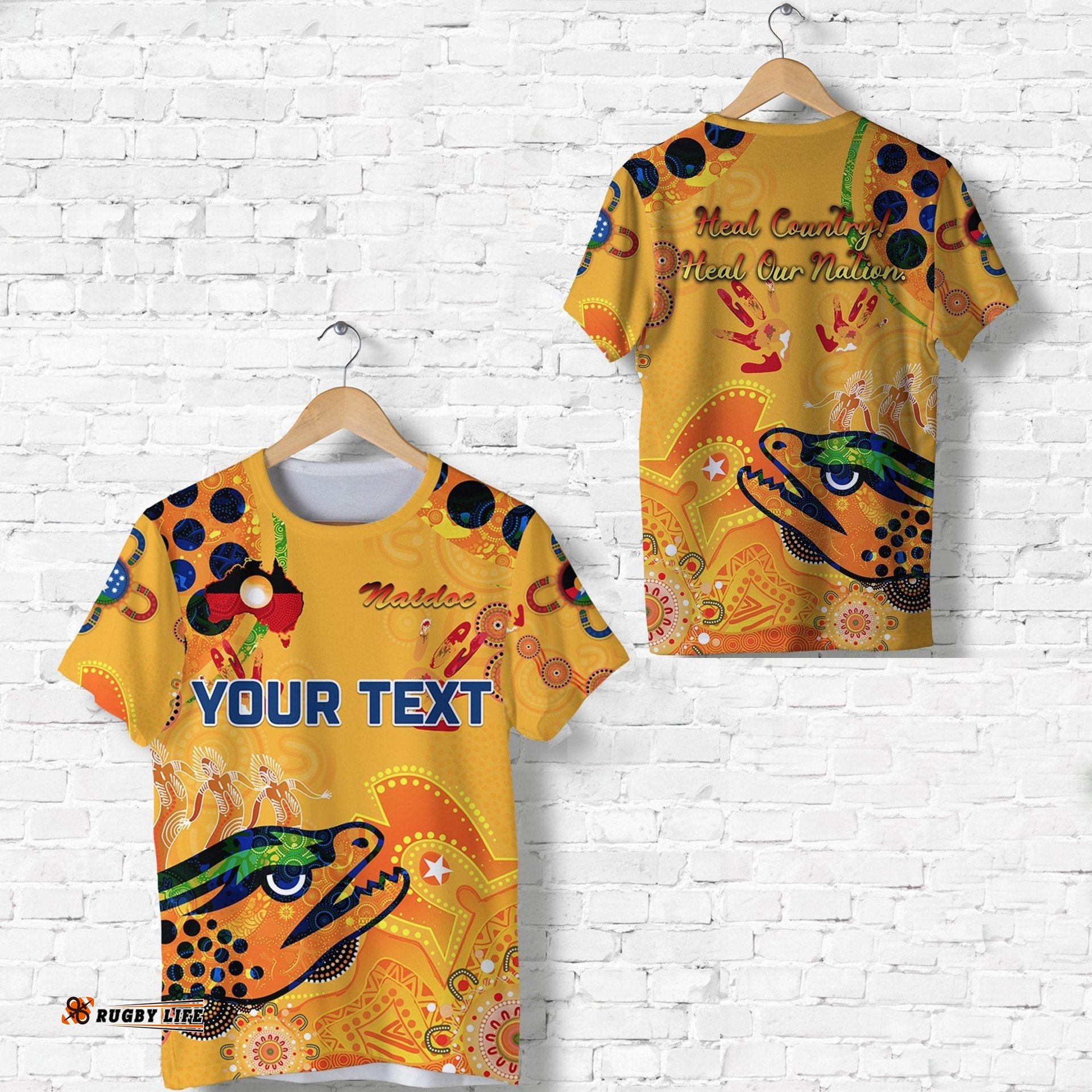 custom personalised parramatta t shirt eels indigenous naidoc heal country! heal our nation gold