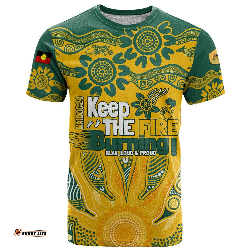 custom socceroos naidoc week 2024 t shirt indigenous burning fire national colors